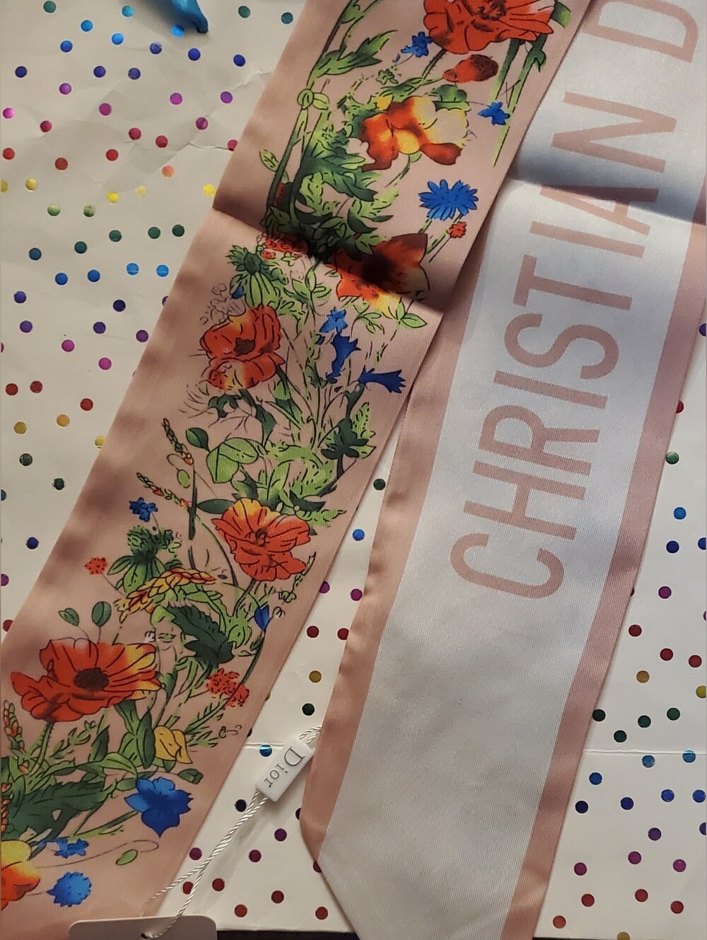 Source Unknown Blush Pink Floral Silk Scarf with Orange, Blue & Green Accents